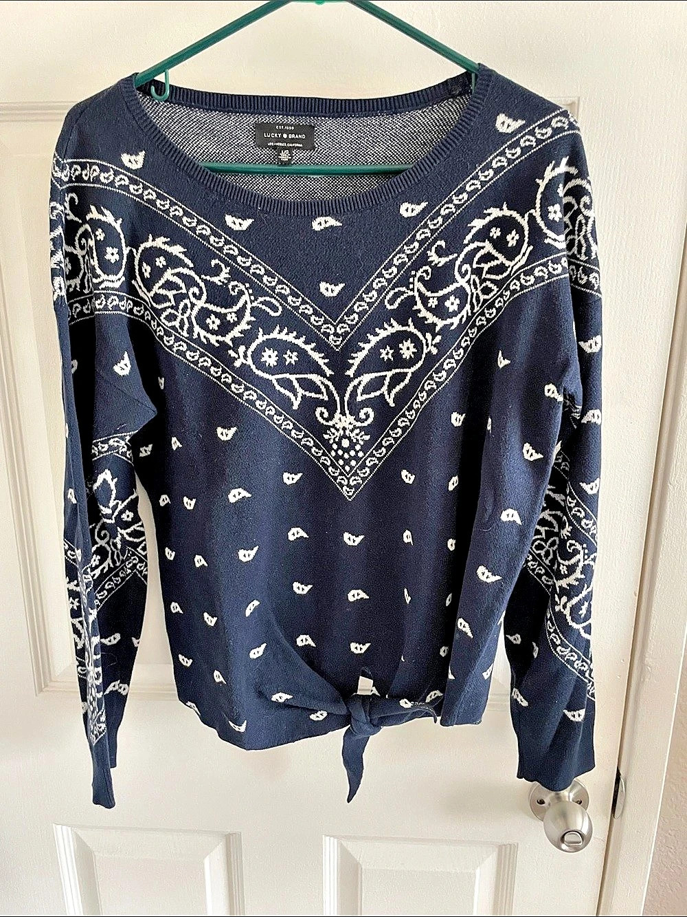 Lucky Brand Bandana Intarsia Tie Front Sweater Blue & White